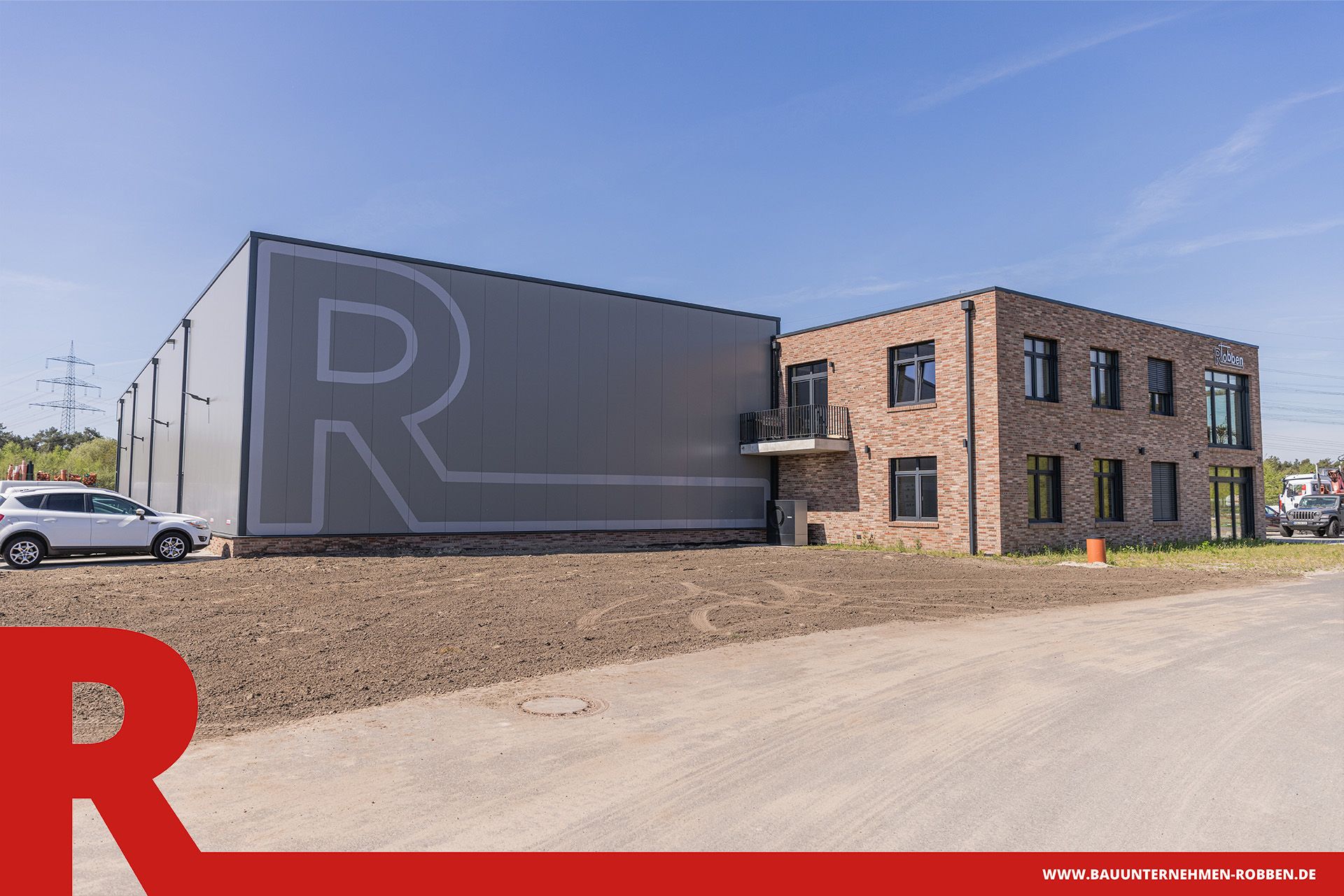 Firmensitz Bauunternehmen Robben 13 Bürogebäude mit Arbeitshalle und Lagerplatz der Bauunternehmen Robben GmbH.
