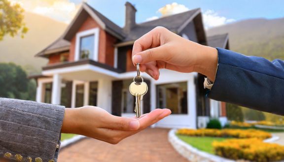 Schlüsselübergabe nach Fertigstellung eines Hausbaues Ein Bauleiter übergibt einem Kunden einen Schlüssel nach Fertigstellung eines neuen Hauses.