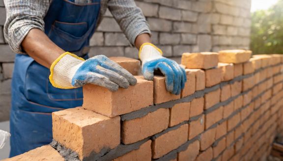Ein Maurer legt Ziegelsteine mit Hilfe von M&ouml;rtel aufeinander, um eine Mauer zu errichten.