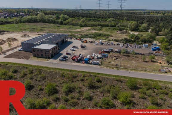 Firmensitz Bauunternehmen Robben 6 Bürogebäude mit Arbeitshalle und Lagerplatz der Bauunternehmen Robben GmbH.