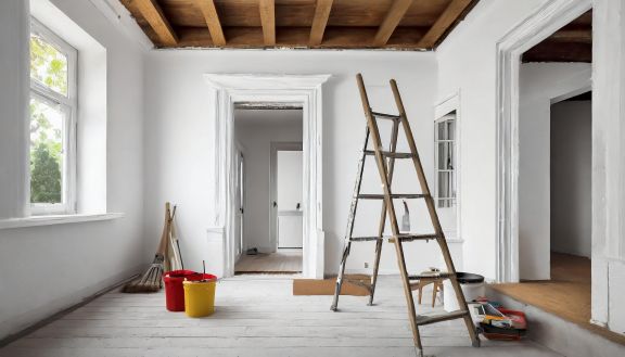 Sanierung eines Innenraumes Innenraum mit weißen Wänden, einem Farbeimer und einer Holzleiter zur Sanierung des Raumes.